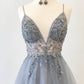 A Line V Neck Grey Beaded Long Prom Dress with Split,Formal Dresses nv1577