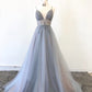 A Line V Neck Grey Beaded Long Prom Dress with Split,Formal Dresses nv1577