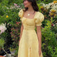 Cute Puff Sleeves Yellow Prom Dress Slit Party Dress Evening Dress nv1710