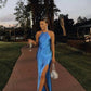 Blue fashion simple elegant sling long slit ball gown evening dress party dress nv2453