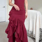 Fashionable and charming red off-the-shoulder tiered ruffled long ball gown evening dress nv1864