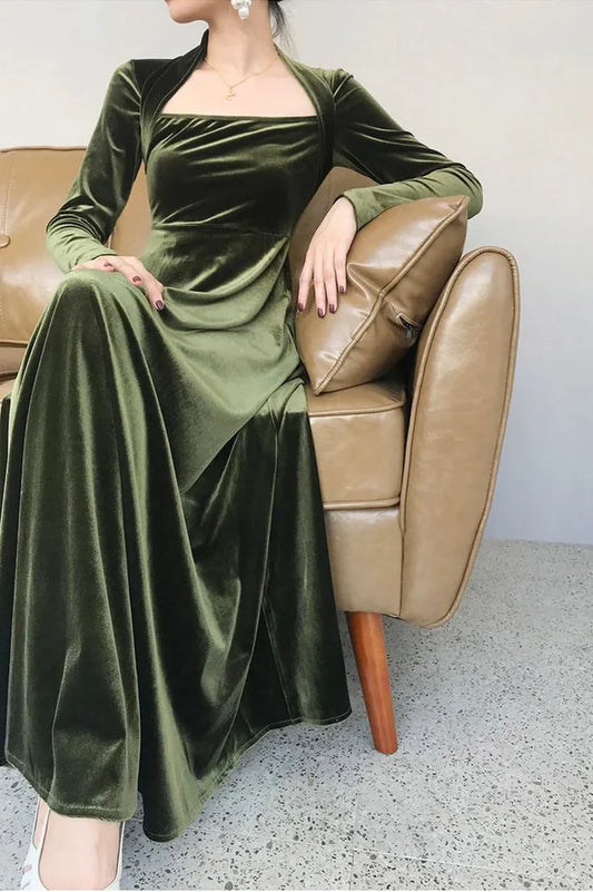 Green Simple Elegant Long Sleeve Velvet Ball Gown A-Line Evening Dress nv1917