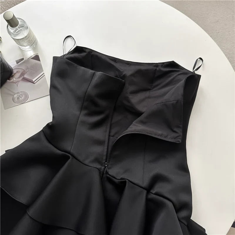 Black ladies new fashion sweet irregular ruffled puffy short dress NVwd2