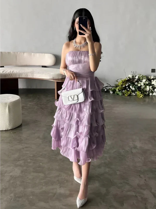 Lilac Off Shoulder Wave Tiered Mini Party Dress Birthday Outfit Evening Dress Prom Dress nv2049