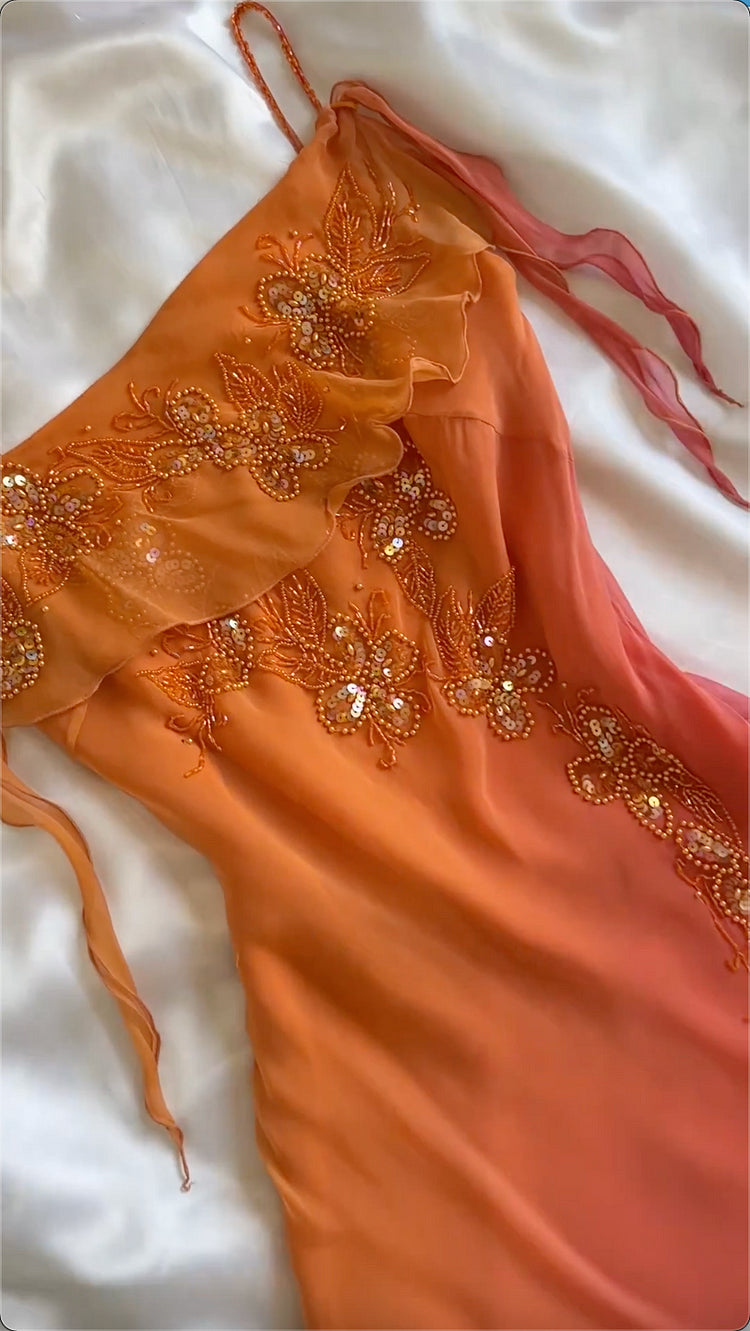 Orange gorgeous spaghetti strap beaded charming vintage prom dress evening gown homecoming dress sexy party dress nv3274