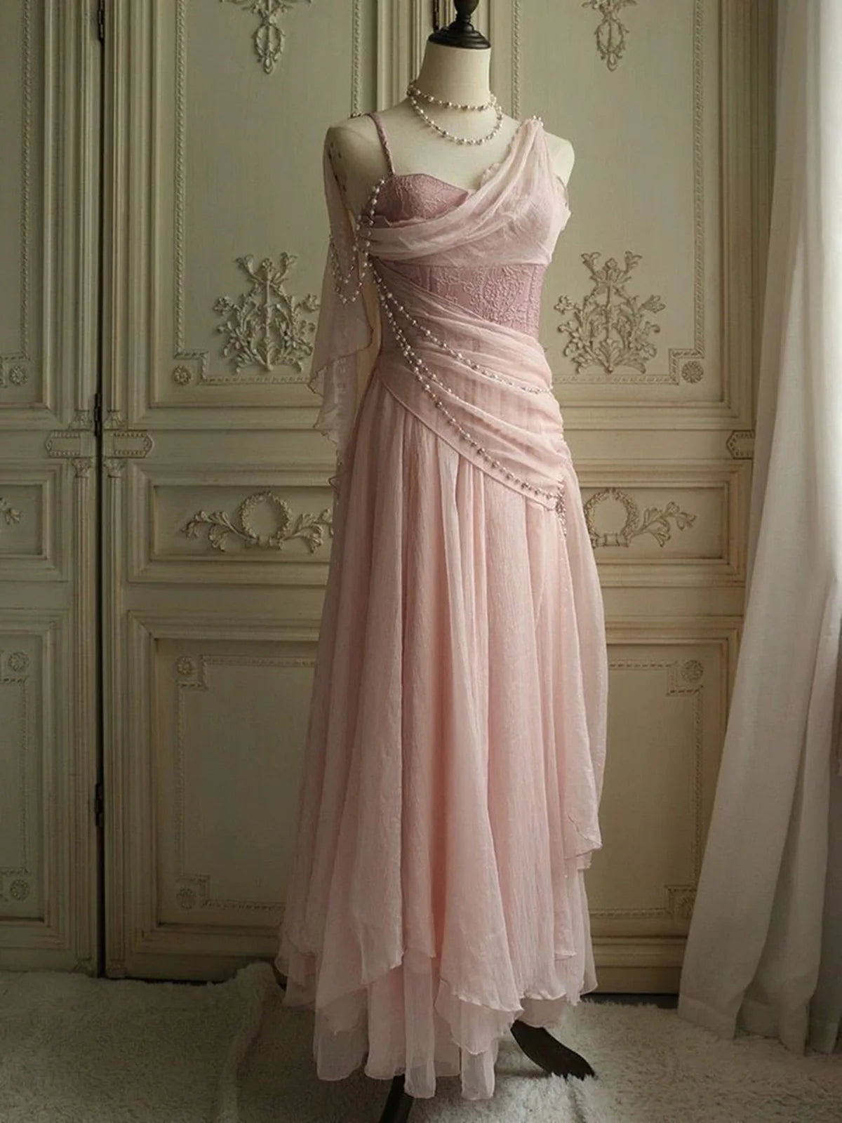 Sweet Elegant Pink Pearl Long tulle Ball Gown Evening Dress Party Dress nv3417