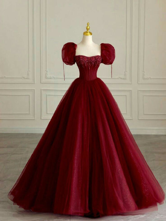 Red elegant beaded short sleeve long tulle ball gown evening dress nv3003