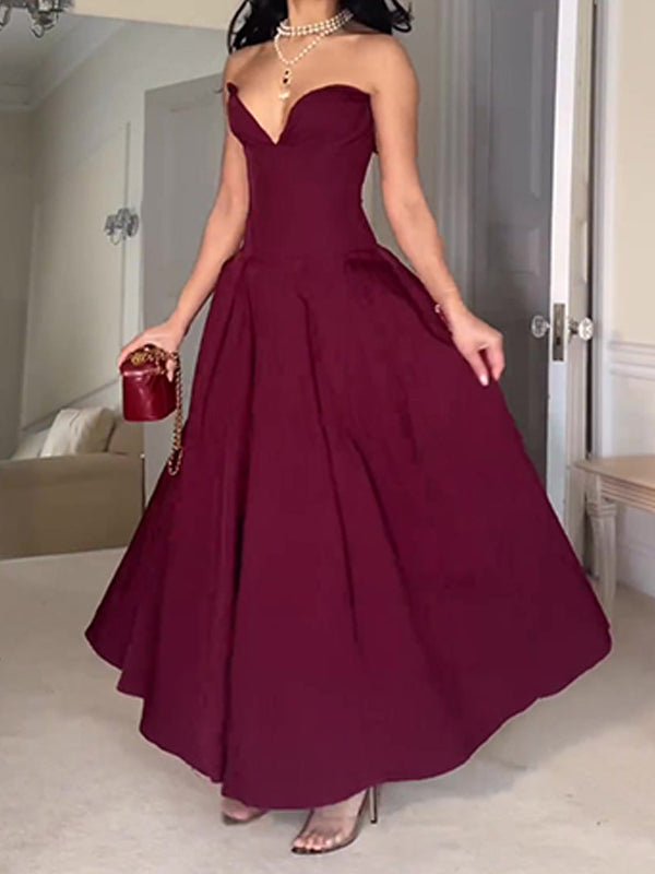 Burgundy A-line/Princess V-neck Floor-length  Long Ball Gown Evening Dress nv1933