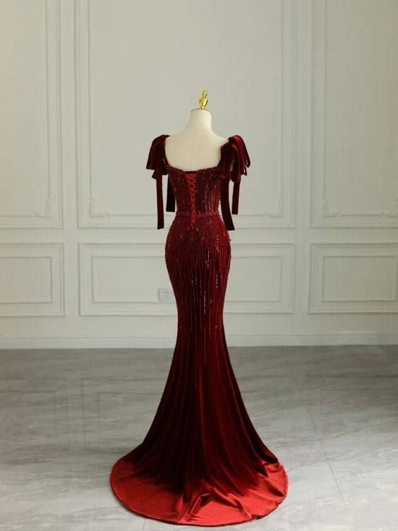 Burgundy Shiny Elegant Spaghetti Strap Long Velvet Sequin Ball Gown Evening Dress Party Dress nv3470