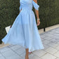 Sky Blue Chiffon A-Line Off Shoulder Midi Homecoming Dress Party Gown nv2235