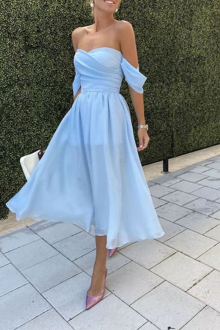 Sky Blue Chiffon A-Line Off Shoulder Midi Homecoming Dress Party Gown nv2235