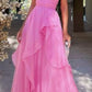 Pink Simple Elegant Off Shoulder Tulle A-Line Maxi Formal Prom Gown Evening Gown Party Dress nv2569