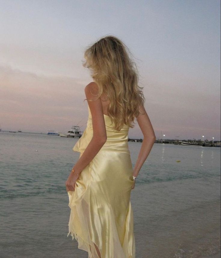 Yellow stylish elegant two-piece long satin ball gown evening dress seaside holiday party dress nv3596