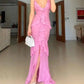 Pink Spaghetti Strap Ruffle Maxi Dress Long Party Dress Evening Dress nv2695