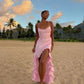 Pink Fashion Elegant Spaghetti Strap Long Satin Ruffle Ball Gown Evening Dress Holiday Party Dress nv3494