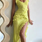 Green shoulder strap ruffled long slit party dress evening gown ball gown nv1863