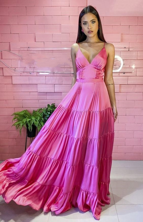 Pink Fashion Simple Elegant A-line Long Silk Satin Ball Gown Birthday Party Dress Evening Dress nv2544