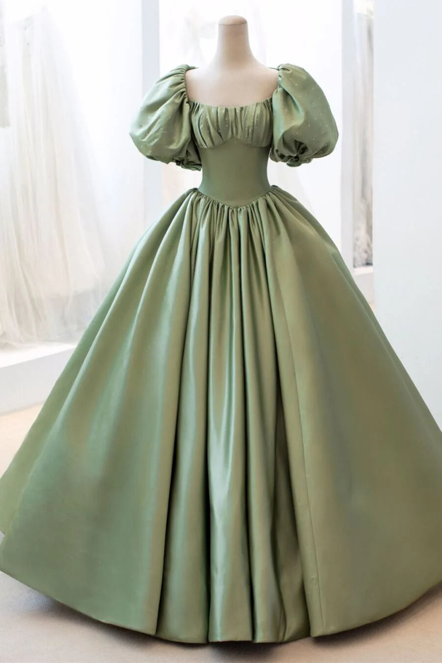 Green sweetheart elegant short sleeve round neck impressive long prom dress evening dress birthday party graduation dress nv74