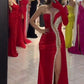 Red one shoulder long sleeve fashion shiny sequins long slit ball gown evening dress party dress nv2474