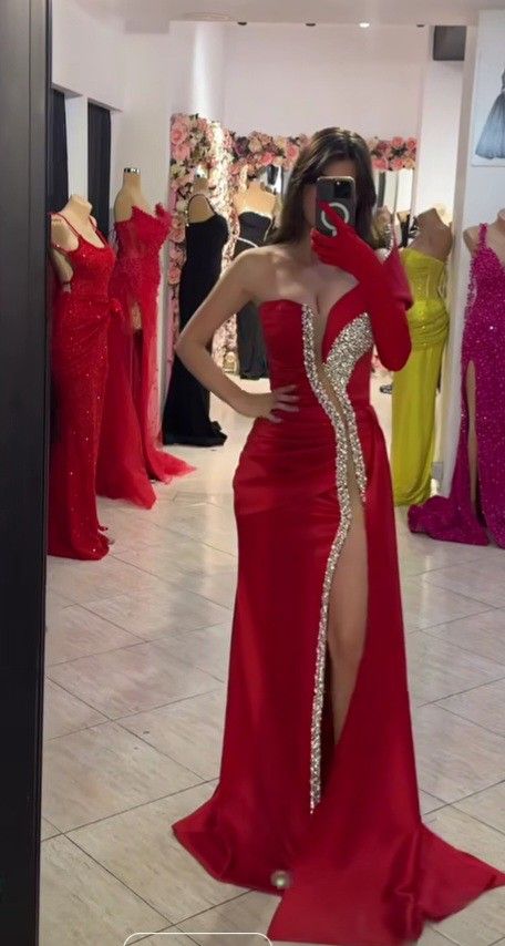 Red one shoulder long sleeve fashion shiny sequins long slit ball gown evening dress party dress nv2474