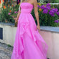 Pink Simple Elegant Off Shoulder Tulle A-Line Maxi Formal Prom Gown Evening Gown Party Dress nv2569