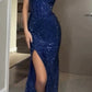 Robe de soirée longue à paillettes bleues brillantes et élégantes, bretelles spaghetti, sans manches, longue fente, robe de bal, robe de soirée nv2424