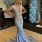 Blue gorgeous shiny sequins long mermaid slim ball gown evening dress nv184