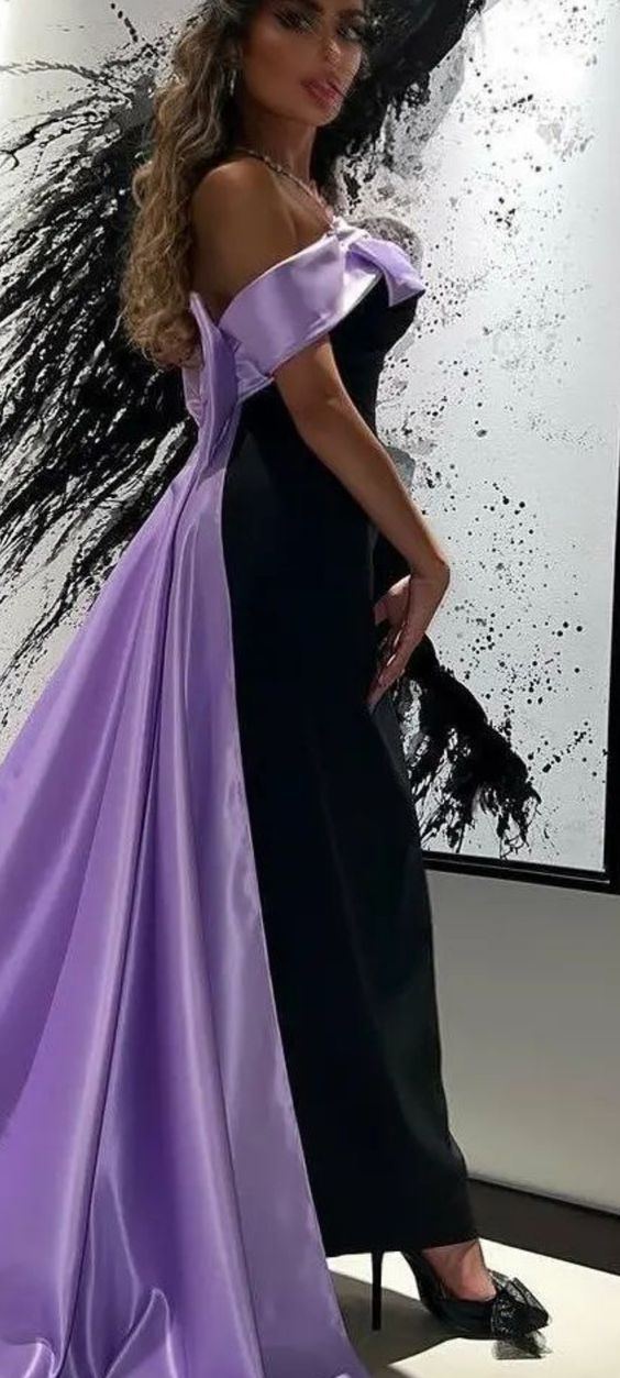 Black contrast purple ribbon long satin floor-length ball gown evening dress nv2739