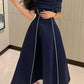 Blue simple elegant short-sleeved one-shoulder pleated long ball gown evening dress party dress nv2521