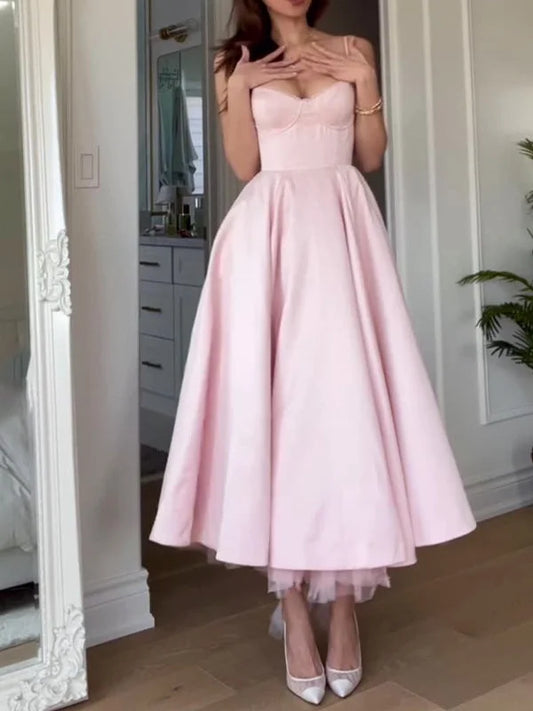 Pink Elegant Sleeveless V Neck Tulle Lined Midi Gown Ball Gown Evening Dress nv1891