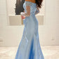 Blue Simple Fashion Elegant Shiny Mermaid Off-the-shoulder Long Sleeves Long Prom Dress Party Dress Evening Gown Sleeves with Sequins nv2556