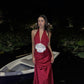 Red V-neck low-cut white three-dimensional flower decoration long dress satin long slim ball gown evening dress nv2679