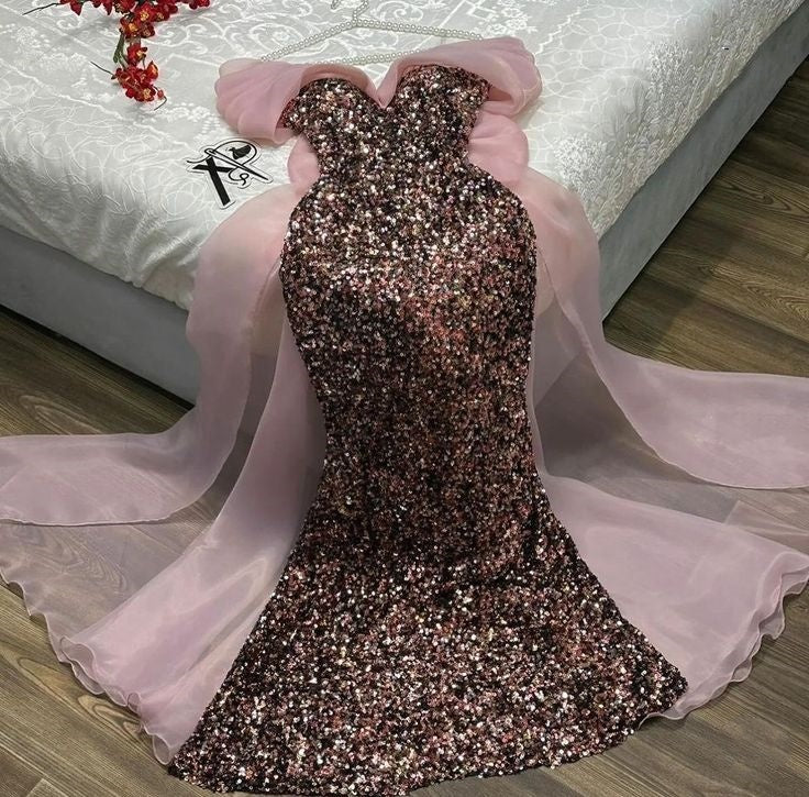 Light Pink/Dark Pink Gorgeous Exquisite Shiny Sequins Elegant Long Tulle Ball Gown Evening Dress nv3171