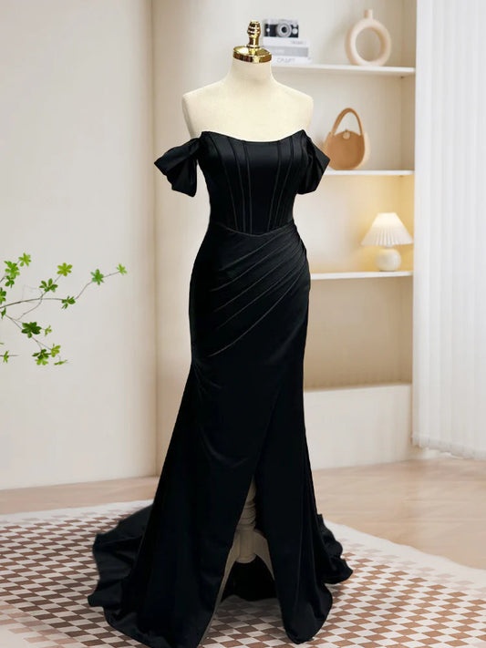 Black Off Shoulder Satin Mermaid Long Prom Dress, Black Long Evening Dress nv1609