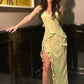 Green shoulder strap ruffled long slit party dress evening gown ball gown nv1863