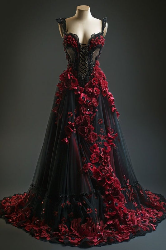 Robe de soirée longue en tulle avec appliques de roses en trois dimensions, magnifique et exquise, noire, élégante, robe de bal, robe de bal rose dans les ruines nv3342