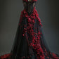 Robe de soirée longue en tulle avec appliques de roses en trois dimensions, magnifique et exquise, noire, élégante, robe de bal, robe de bal rose dans les ruines nv3342