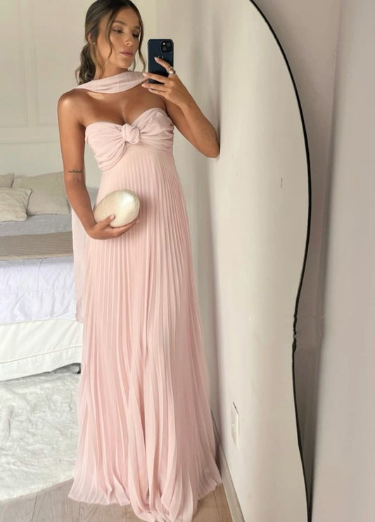 Light pink strapless chiffon flowing long ball gown evening dress party dress nv2118