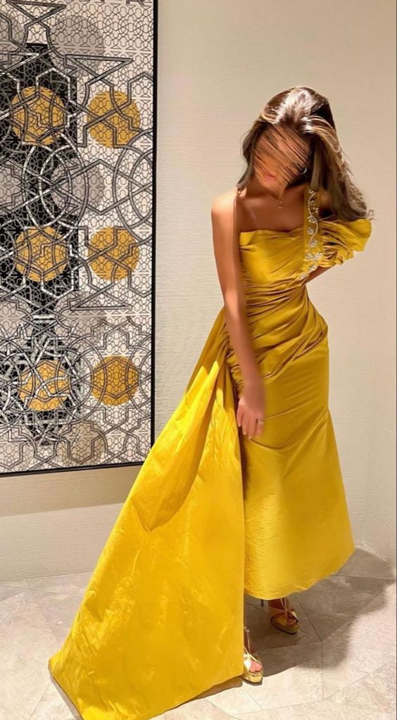 Yellow fashion simple elegant one-sleeve pleated long formal prom dress evening dress party dress nv2531