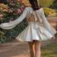 White Half Turtleneck Sexy Satin Hollow Backless Strap Long Sleeve Short Party Dress Prom Dress Homecoming Dress nv1902