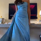 Blue Strapless Pleated A-Line Satin Long Ball Gown Party Dress Evening Gown nv2337