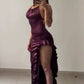 Purple/Black Fashion Chic Suspender Bodycon Long Satin Slit Sexy Elegant Prom Dress Evening Dress Party Dress nv3428