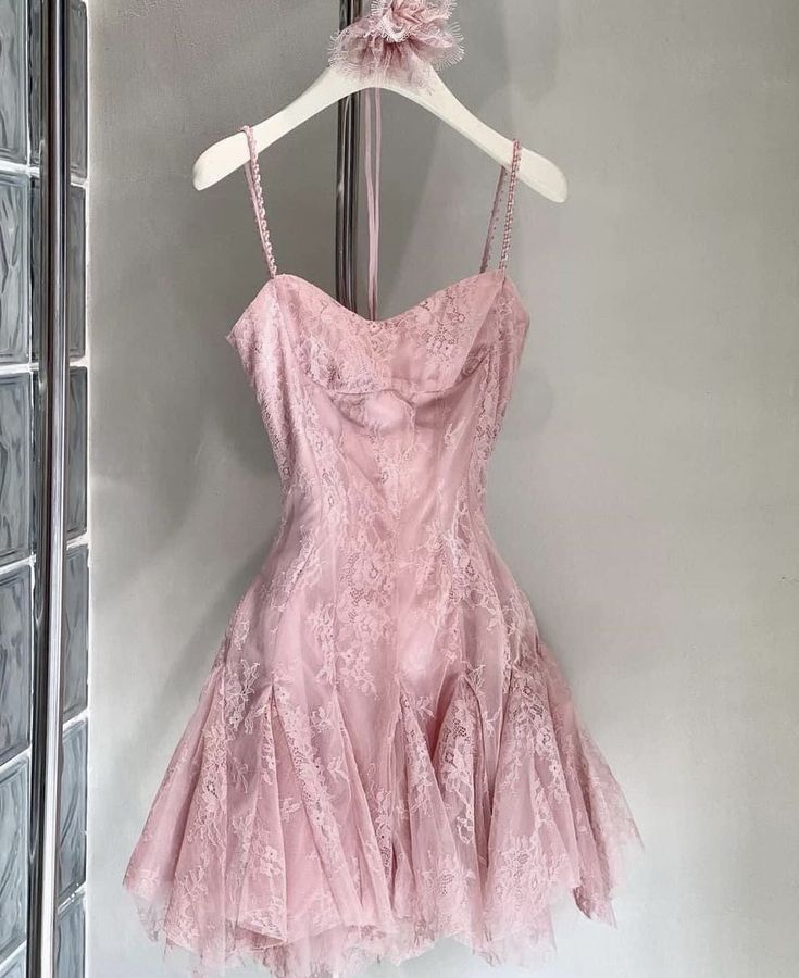 Robe de soirée courte en dentelle rose clair/foncé à bretelles spaghetti, robe de princesse de bal, robe de remise de diplôme nv3287