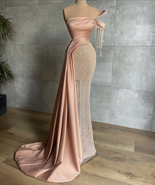 Pink Luxury Sparkling Mermaid Beaded Crystal Long Prom Dress Evening Formal Party Birthday Engagement Dress nv2929