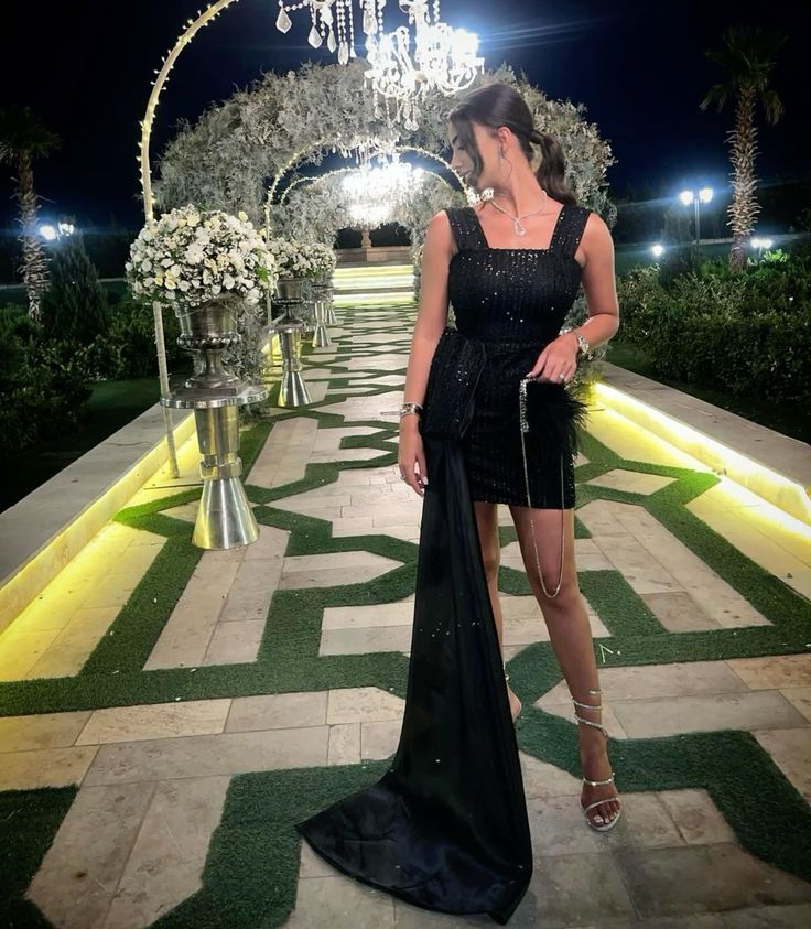 Black shiny wide straps long short ball gown evening dress holiday birthday party dress nv3117