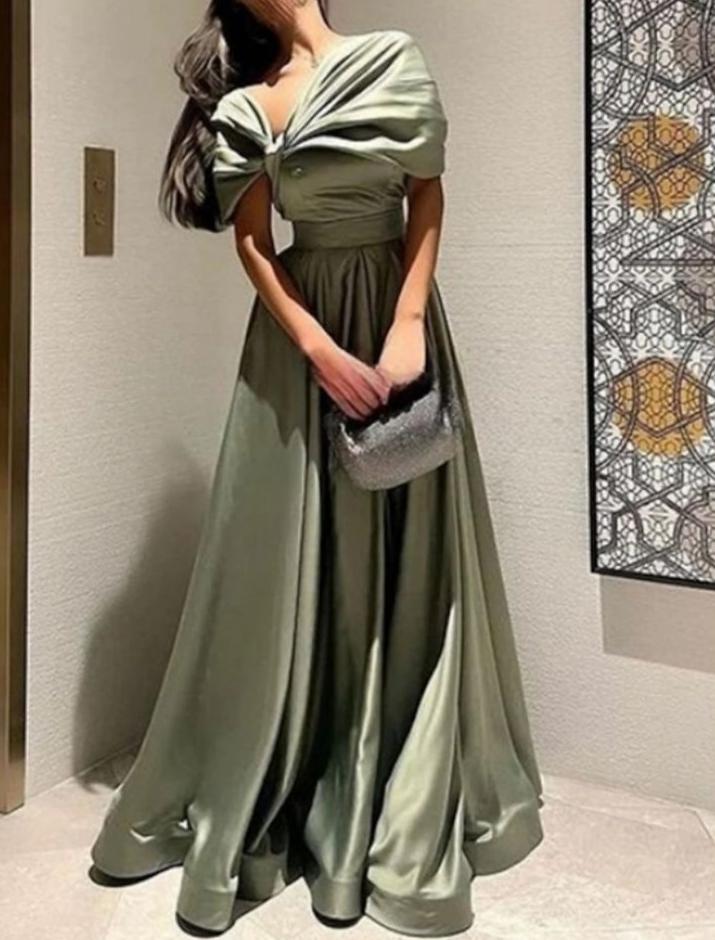 Green A-line elegant short sleeve off-shoulder satin pleated dress formal floor-length ball gown evening gown party dress nv2466