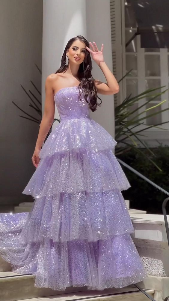 Light Purple Sparkling Tulle Sequin A-Line Long Tiered Ball Gown Evening Dress fall bridal shower outfit for guest nv2651