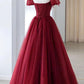 Red elegant beaded short sleeve long tulle ball gown evening dress nv3003