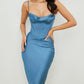 Blue simple elegant satin pleated midi prom dress evening gown party dress nv1920