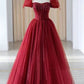 Red elegant beaded short sleeve long tulle ball gown evening dress nv3003